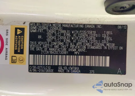 2013 Lexus Rx 350 from USA, damaged, VIN 2T2ZK1BA2DC130981